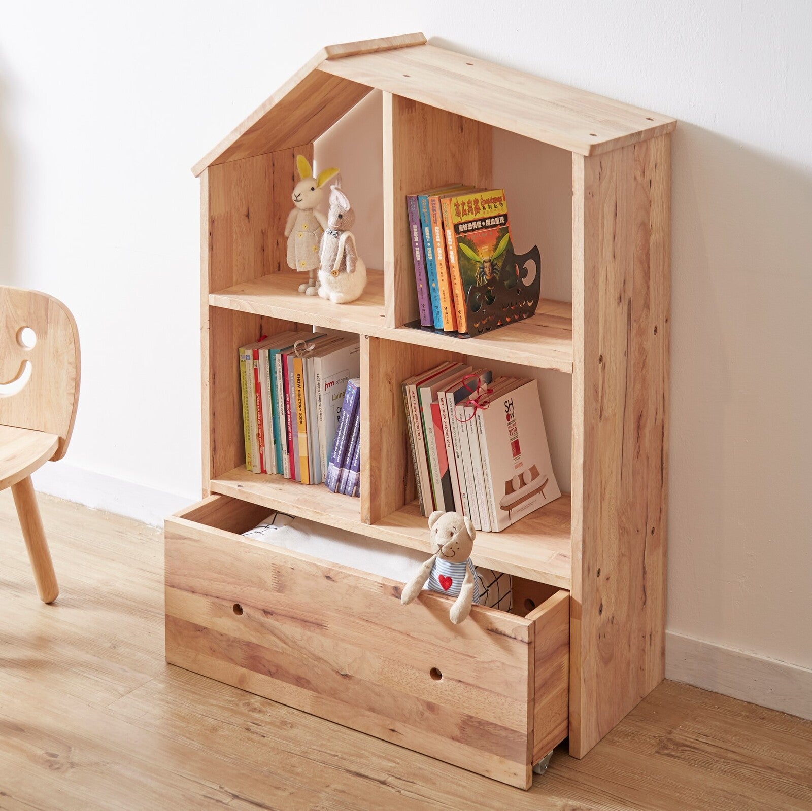 Natural wood assembled shelves