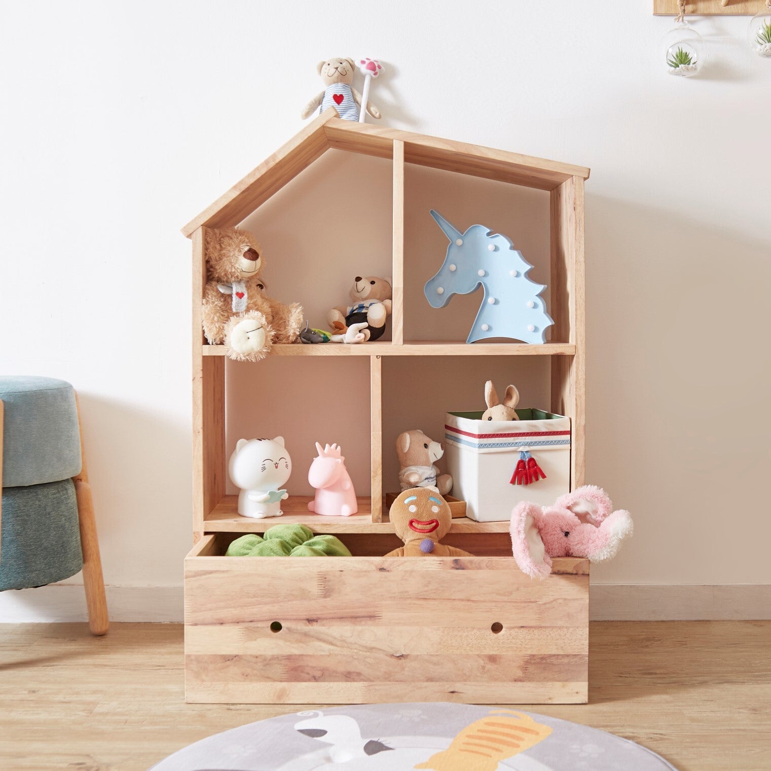 Natural wood assembled shelves